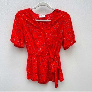 Sienna Sky peplum v neck top red yellow tie waist babydoll blouse floral